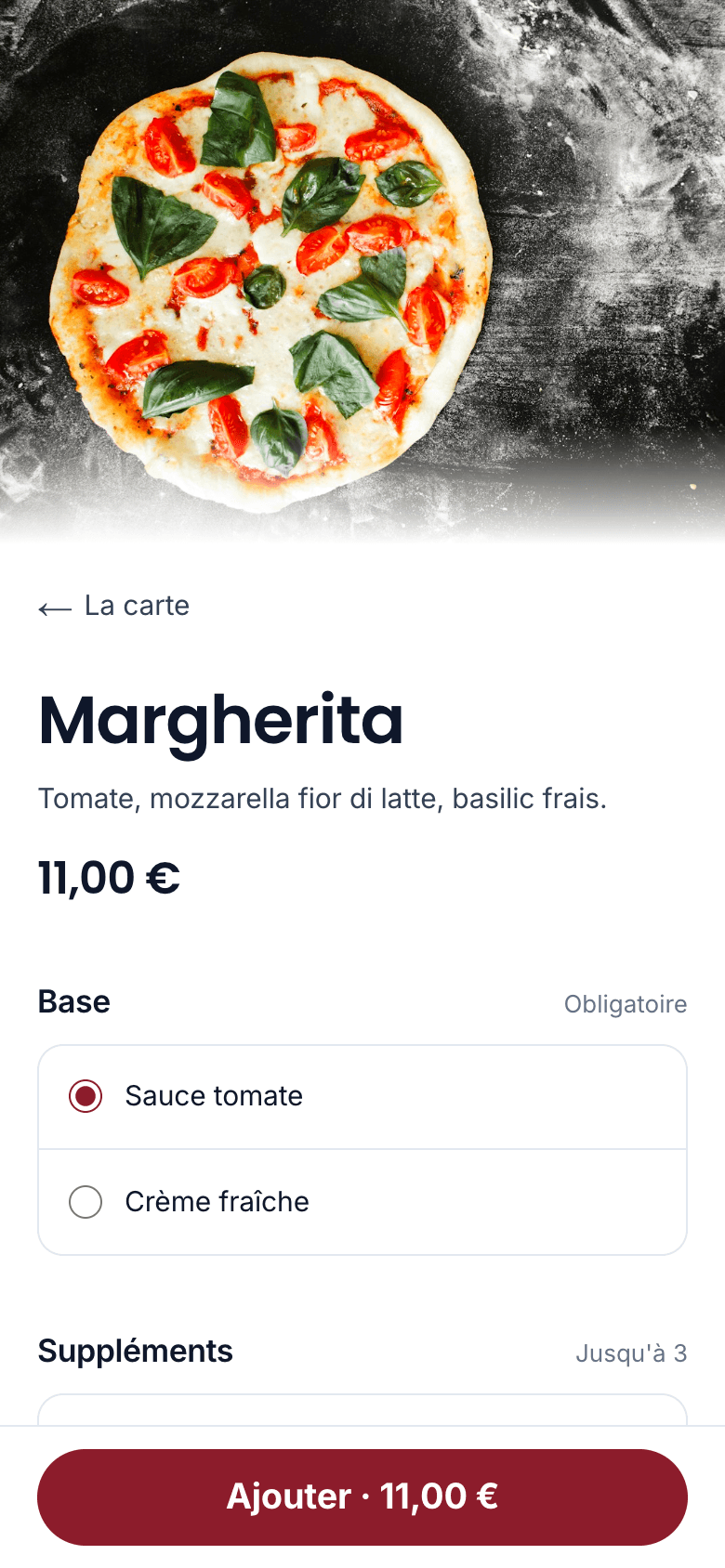 Une pizza Margherita ouverte sur la page de commande, avec le choix de la base et des suppléments.