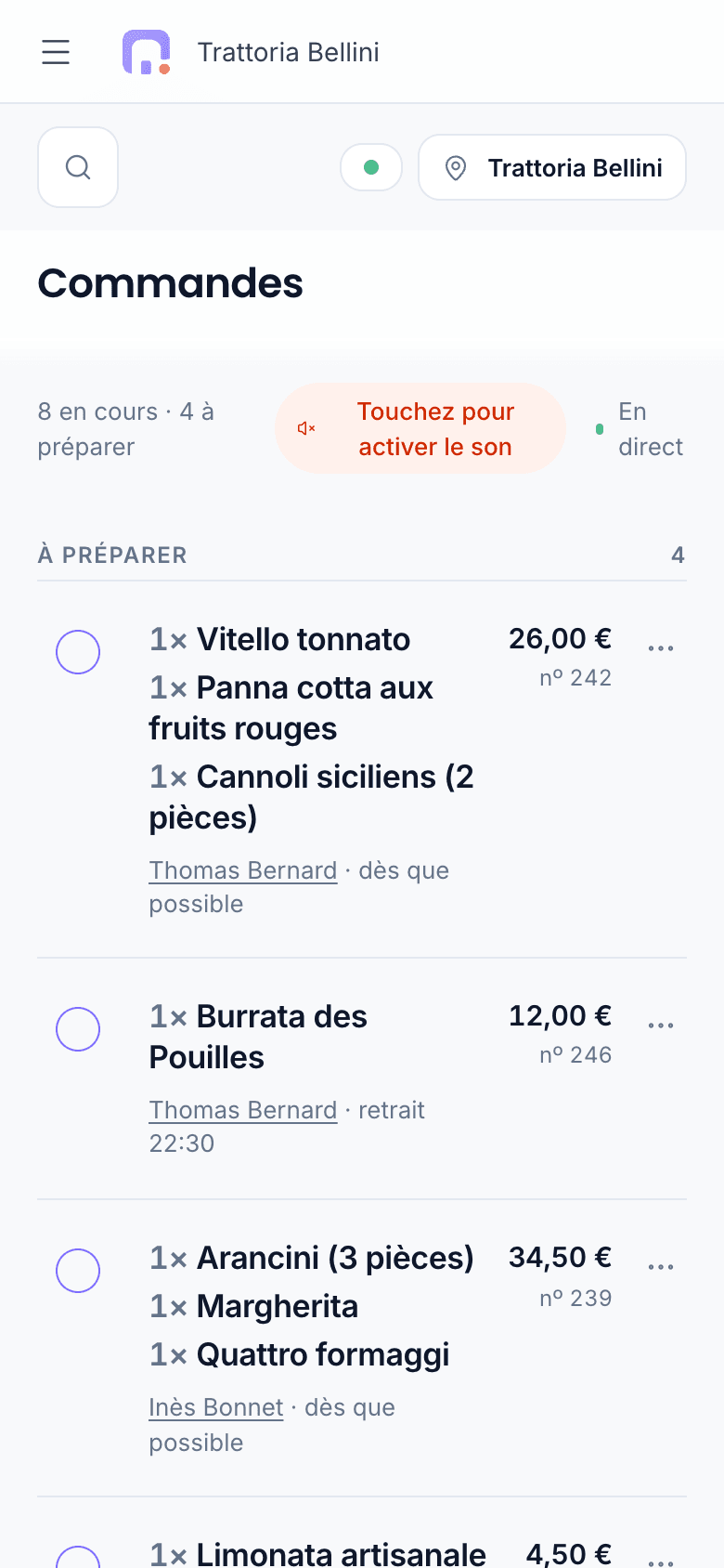 L'écran Commandes d'AVEN TABLE sur le téléphone du restaurant, où arrive la commande.